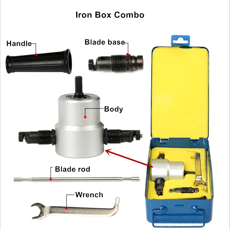 Iron Box Package Резак для листового металла с двойной головкой, железная пила, инструмент для резки, электрическая дрель, металлические пластины, штамповочные ножницы, цвет случайный - Цвет: Iron Box Package