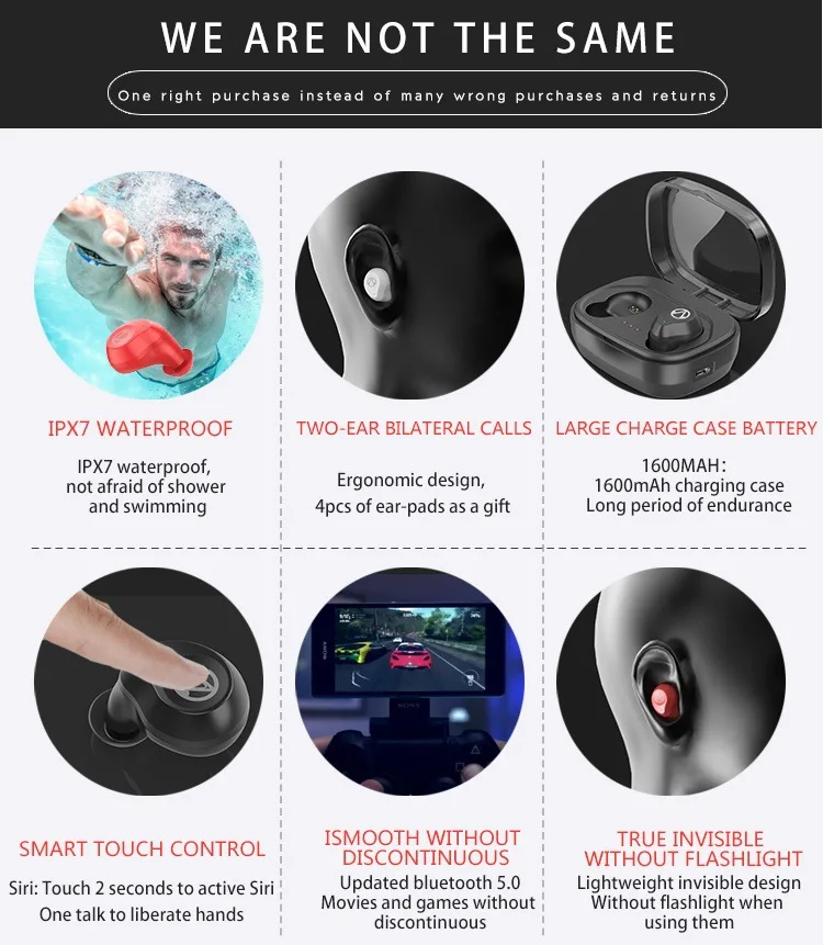 Новинка бинауральная IPX7 Водонепроницаемая 5,0 Bluetooth TWS Беспроводная bluetooth-гарнитура со встроенным микрофоном наушники с защитой от пота шумоподавление