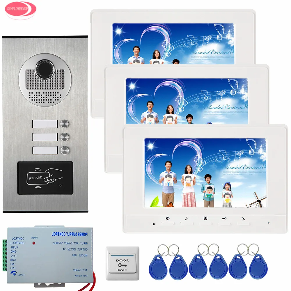 Видеодомофон для 3 квартир 7 дюймовый цветной видеодомофон белых/черных монитора