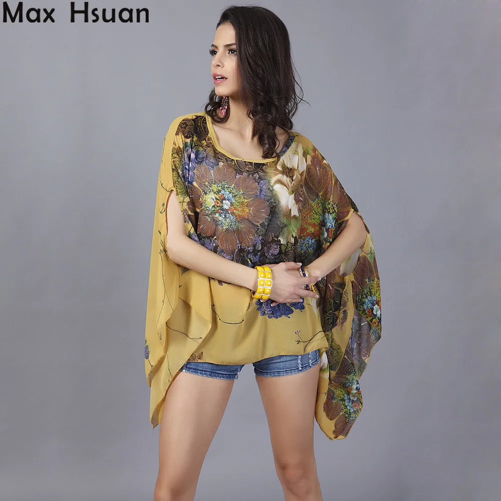 Женская шифоновая блузка Max Hsuan летние топы с цветочным принтом и рукавом летучая