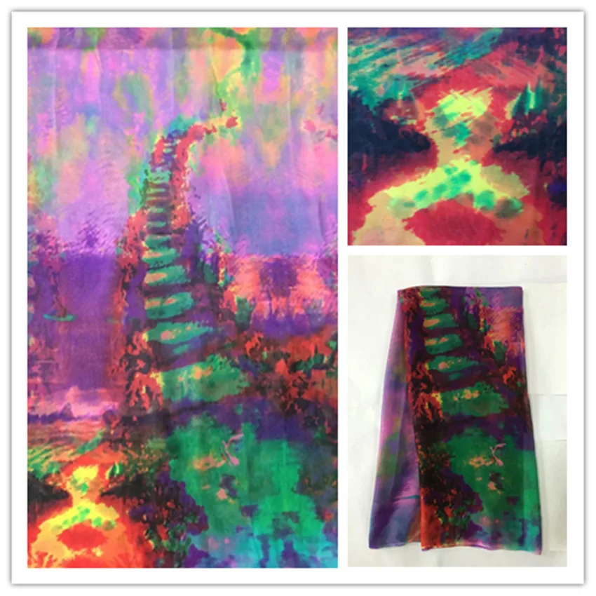 

140cm Thin 100%Pure Natural Mulberry Silk Chiffon Digital Printed Blue Fabric Material Textile Sew Women Dress Scarf Cloth DS08