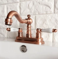 antique red copper bathoom kitchen faucet swivel spout dual handles lavatory sink mixer taps deck mounted brg048