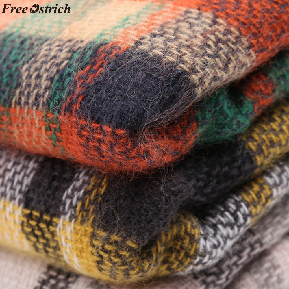 FREE OSTRICH Women Warm Scarf Color Stitching Long Wool Shawl Plaid Soft Neck Elegant Fashion Wrap |