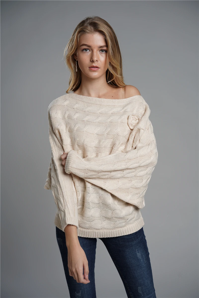 Loose Type Off the Shoulder Sweater for Women Batwing Sleeve Soft Mohair Floral Knit Pullover OL Jumpers Lavender Casual Wear | Женская