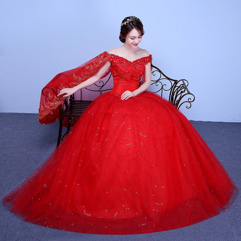 Red White Train VintageWedding Dress 2020 Vestidos De Novia Elegant Boat Neck Lace Gown Appliques Flower Veil Simple Princess | Свадьбы и