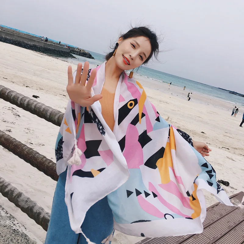 Шарф с геометрическим принтом для праздника большой размер хлопковая льняная