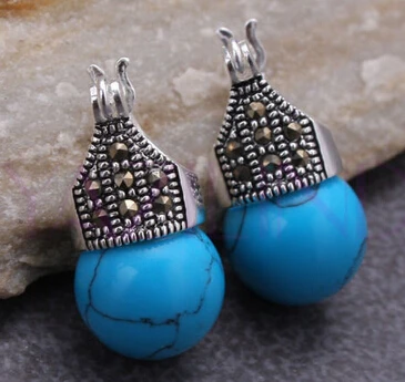 

Hot sell Noble- hot sell new - shitou natural stone Blue Round Ball 925 Sterling Silver Hooks Dangle Earring new