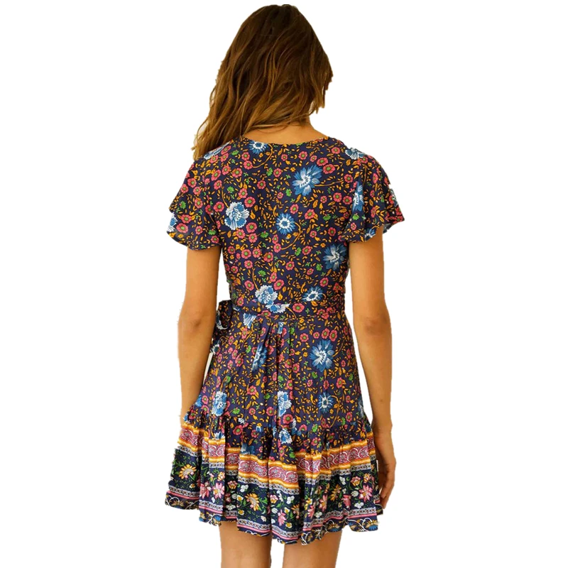 2019 Womens V-Neck Boho Floral Chiffon Summer Wrap Bandge Party Evening Beach Short Mini Dresses Sundress 190314 | Женская одежда