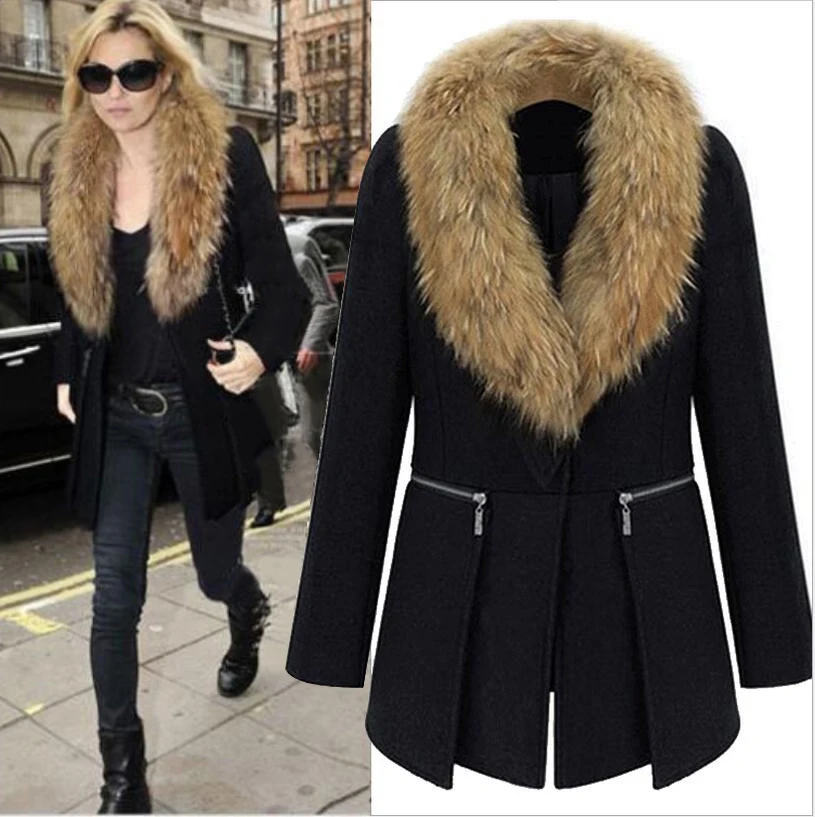 

Winter Wool Coat Women 2016 XL-6XL Plus Size Fashion Long-sleeved Stitching Woolen Coat With Fur Collar Slim Overcoats BF446