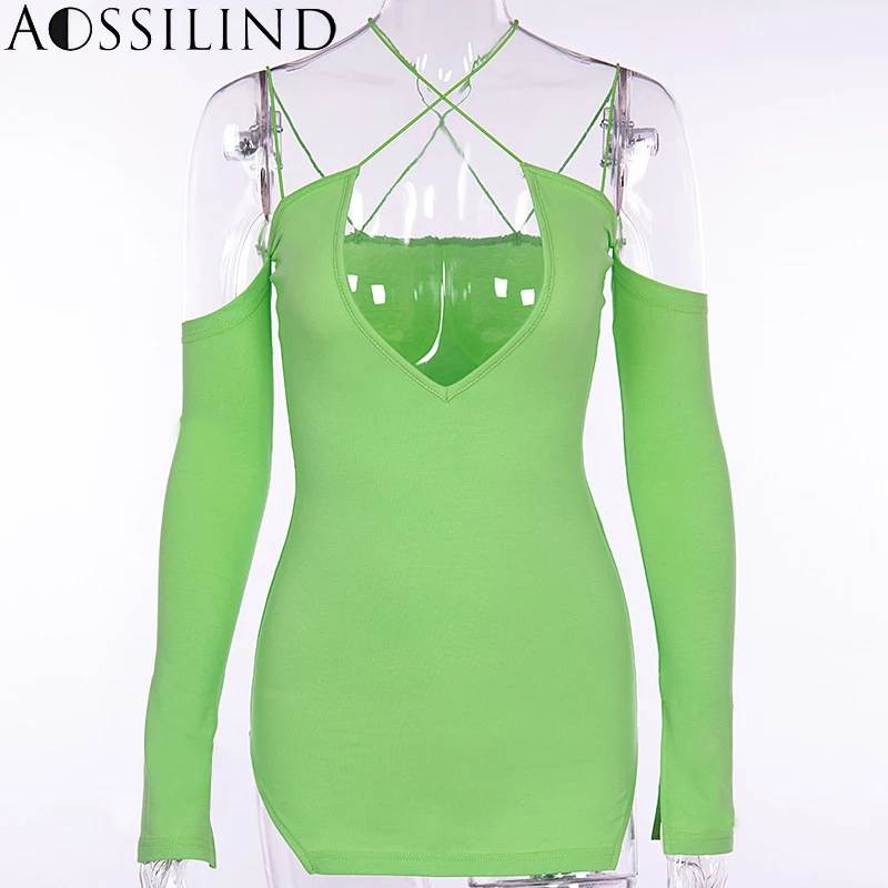 AOSSILIND флуоресцентный зеленый ремень Мини Bodycon Платье женское с длинным рукавом