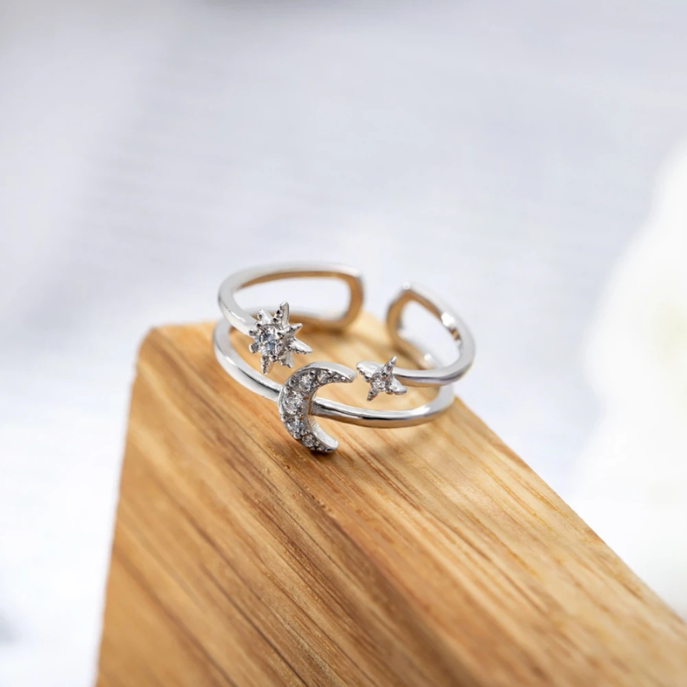 925 Sterling Silver Double Layer Starry Moonlight Ring Open Exquisite CZ Zircon Moon Stars White Gold S925 Women Wedding | Украшения и