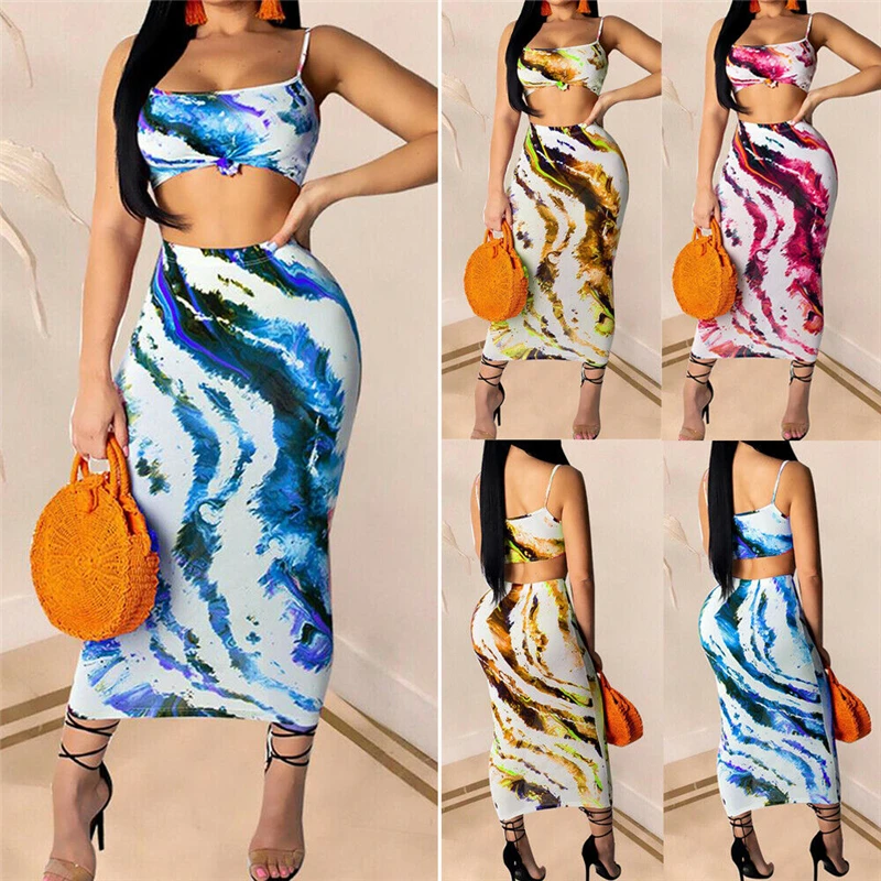 

Women Suit Tie Dye Crop Top and Skirt Fashion Summer Holiday Sets