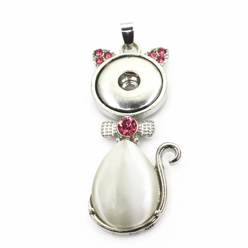 6pcs/lot Snap Button Necklace Silver Cat interchangeable Pendant With Pink Crystal For Women 18mm DIY Jewelry | Украшения и