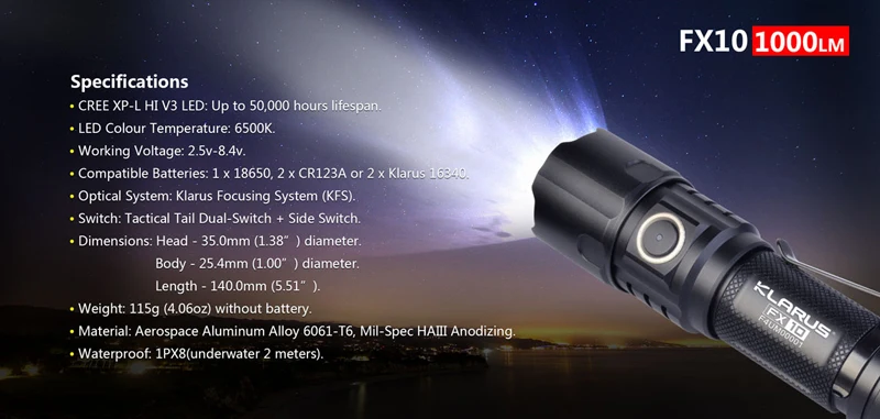 KLARUS FX10 1000 люмен микро-USB Перезаряжаемый Тактический Регулируемый Фокусировочный фонарик с 18650 батареей