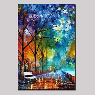 

Hand-Painted Lovers Walking In Silent Nite Abstract Landscape Modern Oil Painting on Canvas Wall Art for Home Decor Living Room