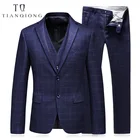 Мужской Клетчатый костюм-тройка, с двумя пуговицами, темно-синий, костюм QIONG