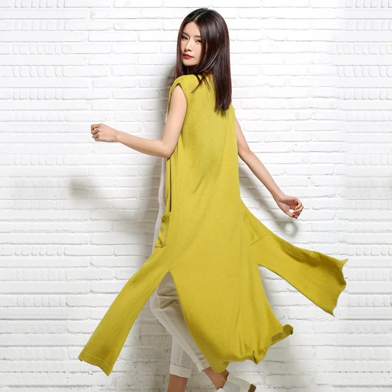 Женский длинный шерстяной жилет вязаный кардиган без рукавов с v образным