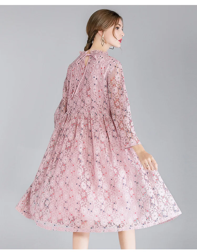 XL, XXL, XXXL, 4XL размера плюс, кружевное платье, женское, на шнуровке, с длинным рукавом, свободное, ТРАПЕЦИЕВИДНОЕ ПЛАТЬЕ, элегантное, в горошек, с принтом, вечерние, миди, розовое, зеленое