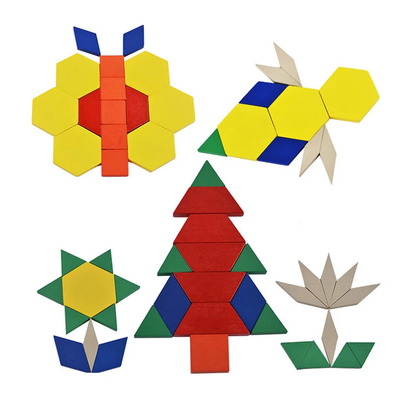 High Quality Colorful Geometric Jigsaw Puzzle Children Learning Practice square triangle Pentagon diamond trapezoid wooden Toys | Игрушки и