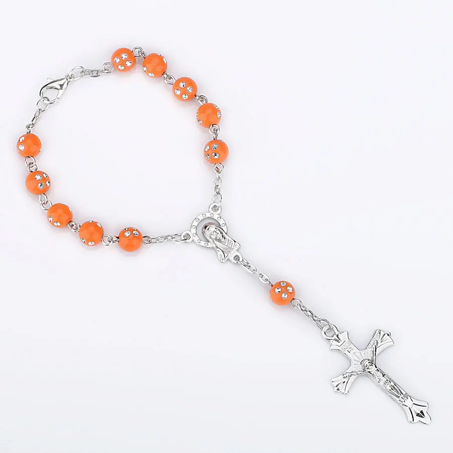 66004616 Colorful Beads Catholic Rosary Bracelet Blue Red Color Auto Rosary Car Rosary INRI Cross Mary Charms Lobster Clasp - Окраска металла: 66004616