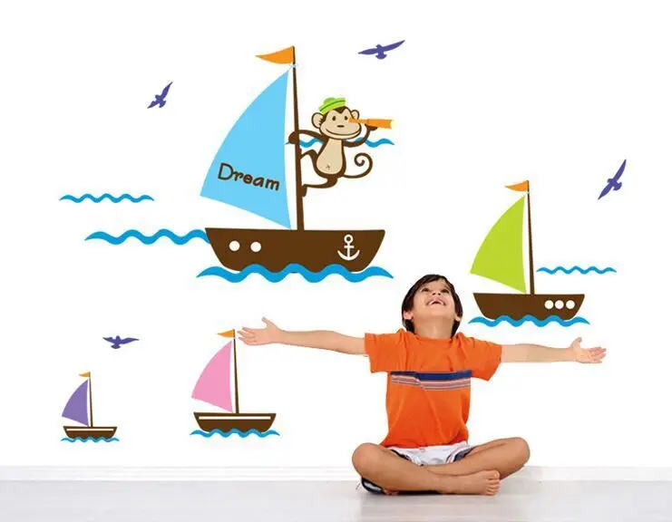 1Set Fashion Ocean Sail Boat Ship Monkey Wall Stickers Art Kids Room Decor Murals Decals PVC Vinyl Wallpaper AY7043 | Дом и сад