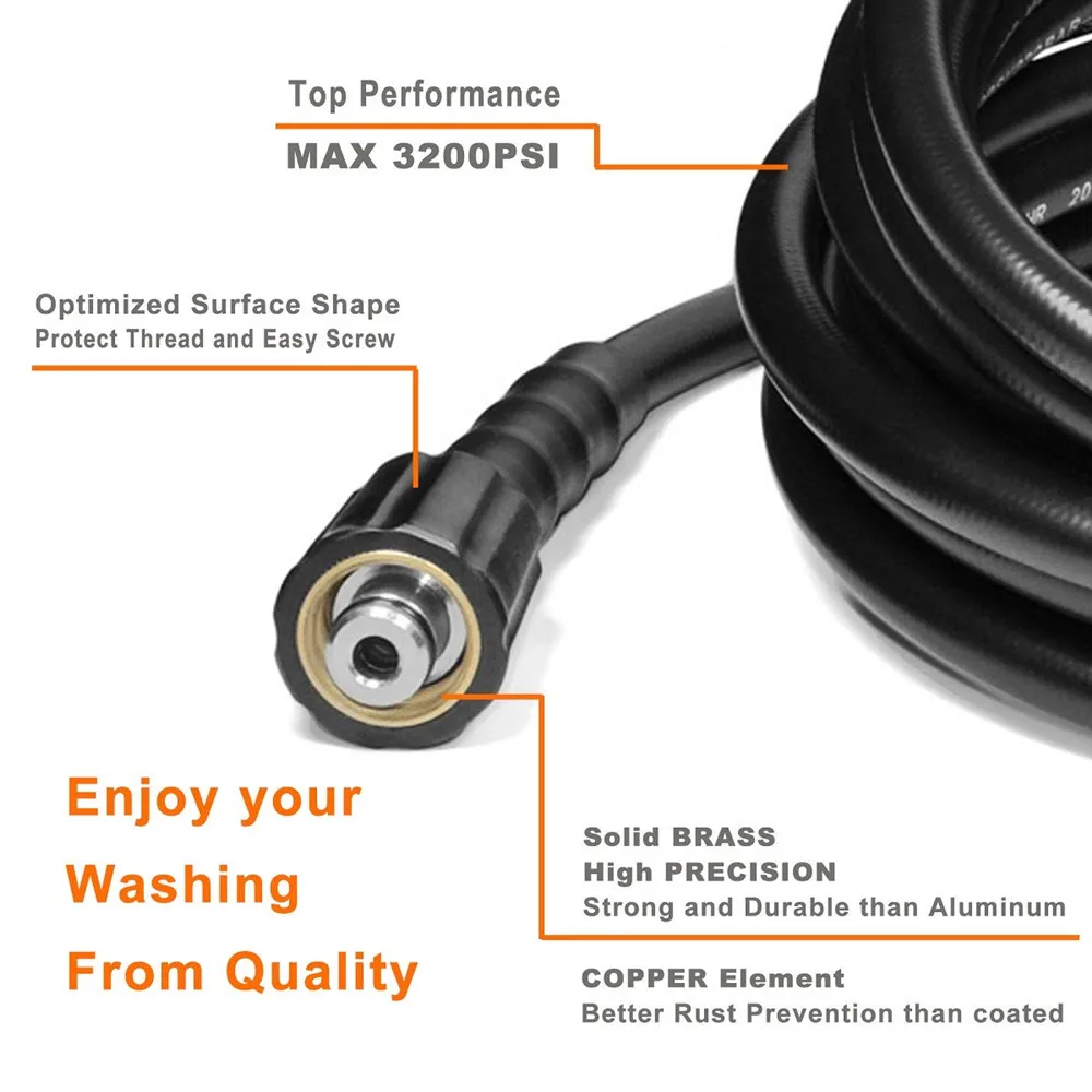 YAMATIC 3200 PSI 1/4"x 25 FT No-Kink High Pressure Washer Hose With M22-14mm Freebie Brass Fitting For Car Washer Water Cleaning