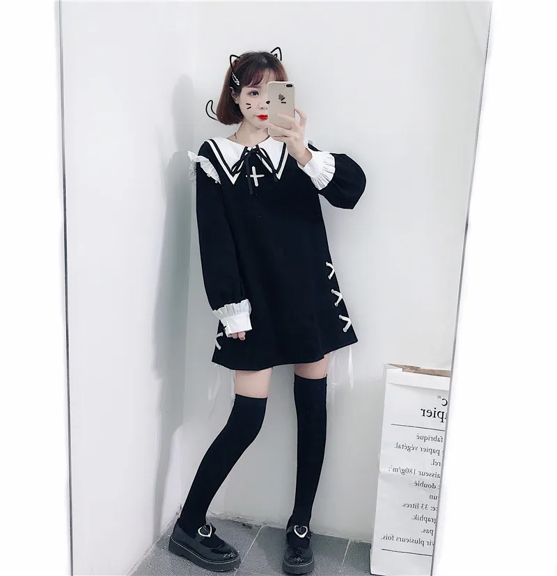 Woherb Kawaii, японское джинсовое платье с длинным рукавом, женские милые бандажные мини-платья,, летние готические платья 21597
