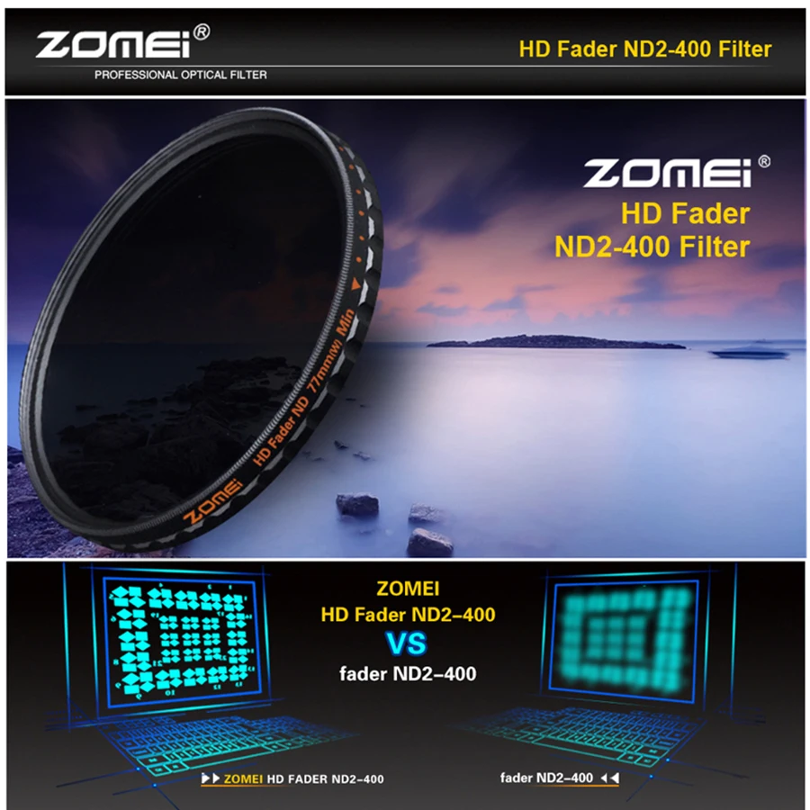 ZOMEI Ultra HD Fader ND2-400 фильтр U HD-W, немецкое стекло, регулируемая переменная нейтральная плотность объектива камеры 52-82 мм