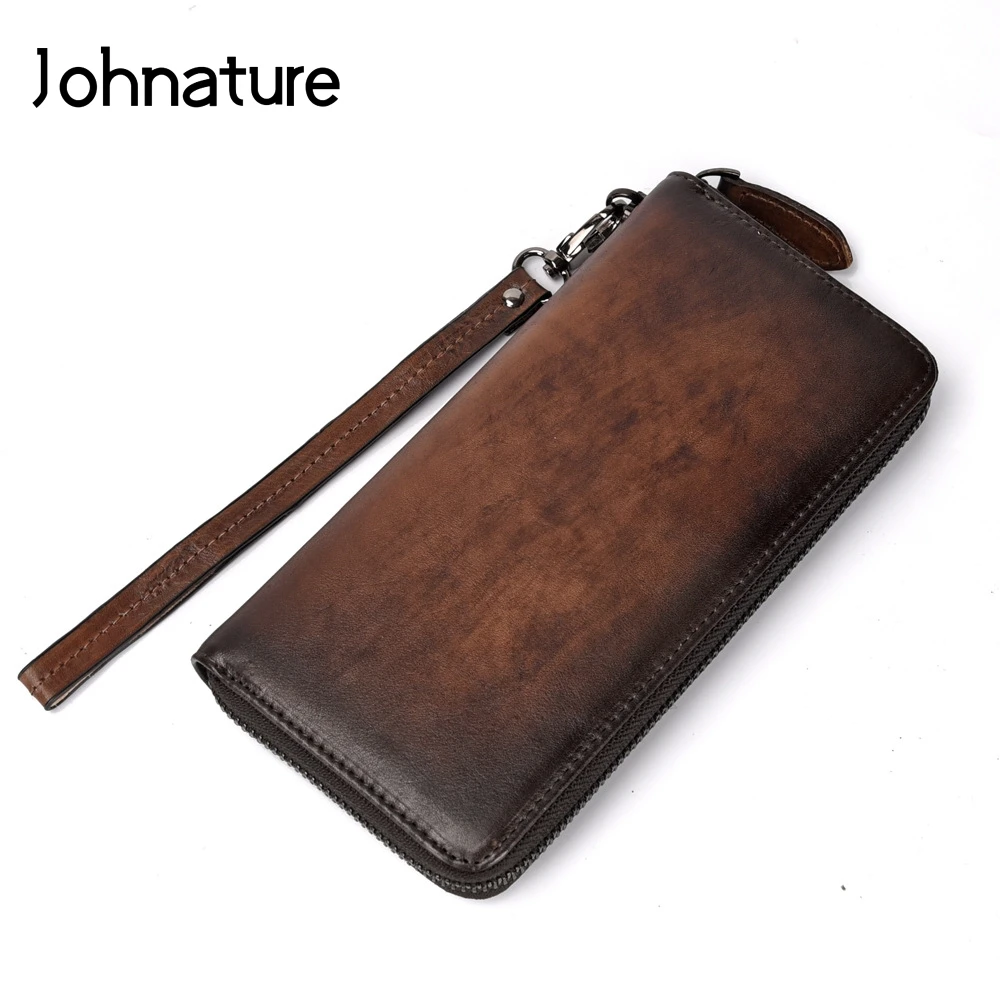 

Johnature 2021 New Vintage Genuine Leather Solid Zipper Men Day Clutches Cow Leather Hand Wallet Purse Multi-card Position