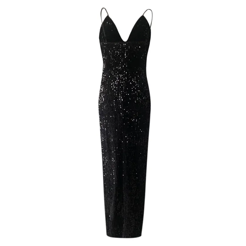 V Neck Party Dress Women Sleeveless Sexy Sequin Maxi Bondage Nightclub Solid Black Vestido De Festa Longo 40MR06 | Женская одежда