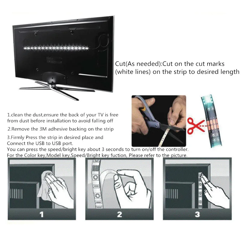 USB LED Strip 5050 RGB TV Background Lighting Kit Cuttable with Controller Waterproof Fiexible Light 60Led/m 0.5/1M/2M Set |