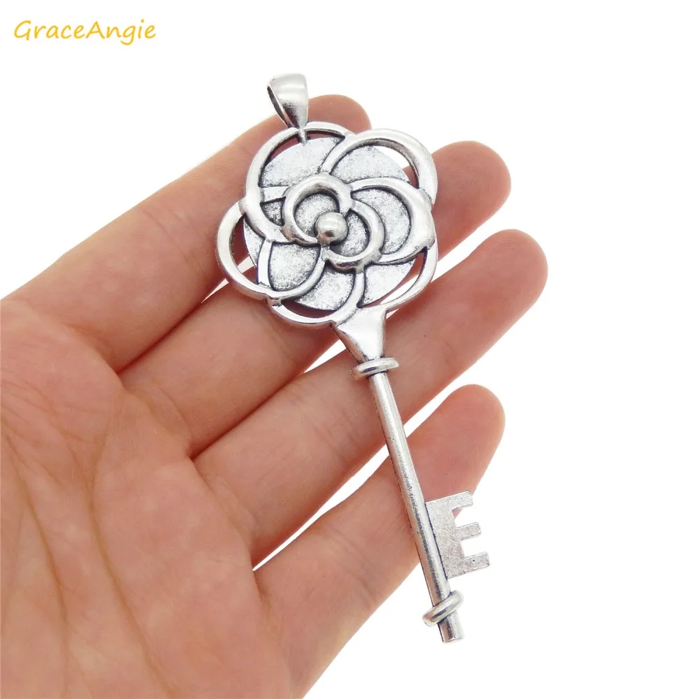 GraceAngie Antique Silver Flower key shape Cabochon Pendant Alloy Charms with Glass Cameo For DIY Necklace Making Findings | Украшения и