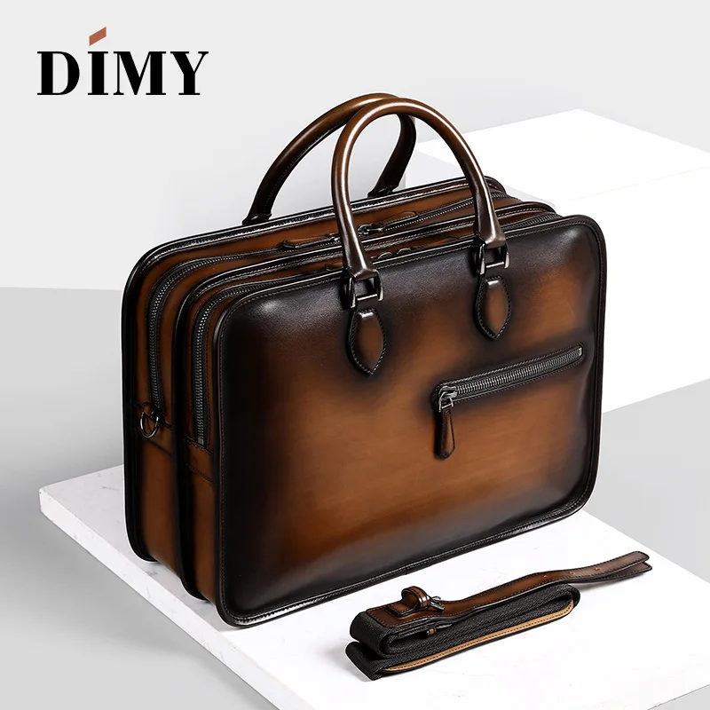 DIMY Hand Patina Leather Men's Briefcases Dutch Calfskin Handbag Business Bags Double Zipper Messenger Bag For Male Gentleman