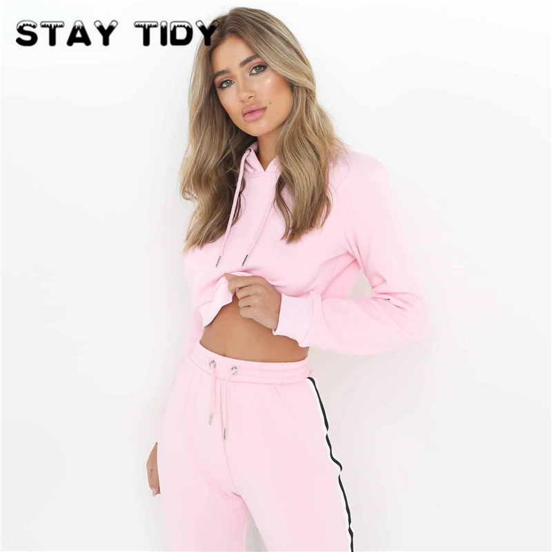 Оставаться аккуратным комплект из 2 частей костюм черный Stripe Crop Худи и Брюки
