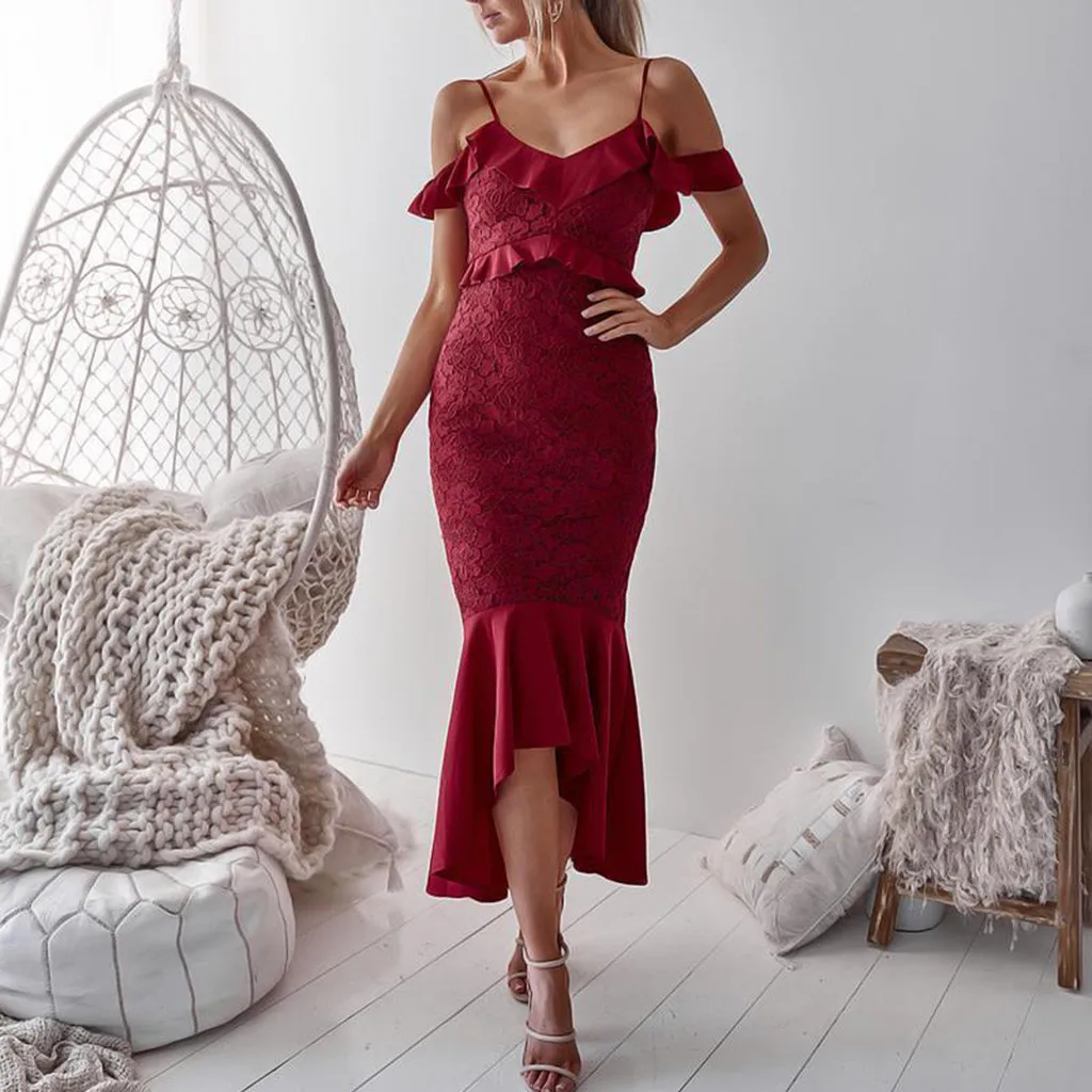 Robe longue женское платье Элегантное сексуальное кружевное коктейльное с рюшами и