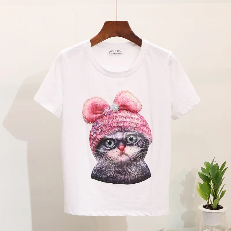 2019 Весна Лето Топ Женская футболка вышитое Блестящим Бисером мультфильм Кот