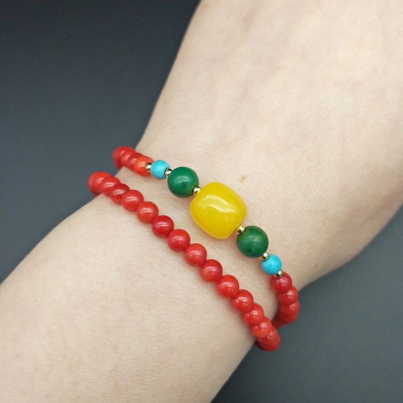 Shuangsheng 2019 new 5mm red coral 2 layer bracelet Natural stone and yellow natural beaded bohemian ethnic style religion |