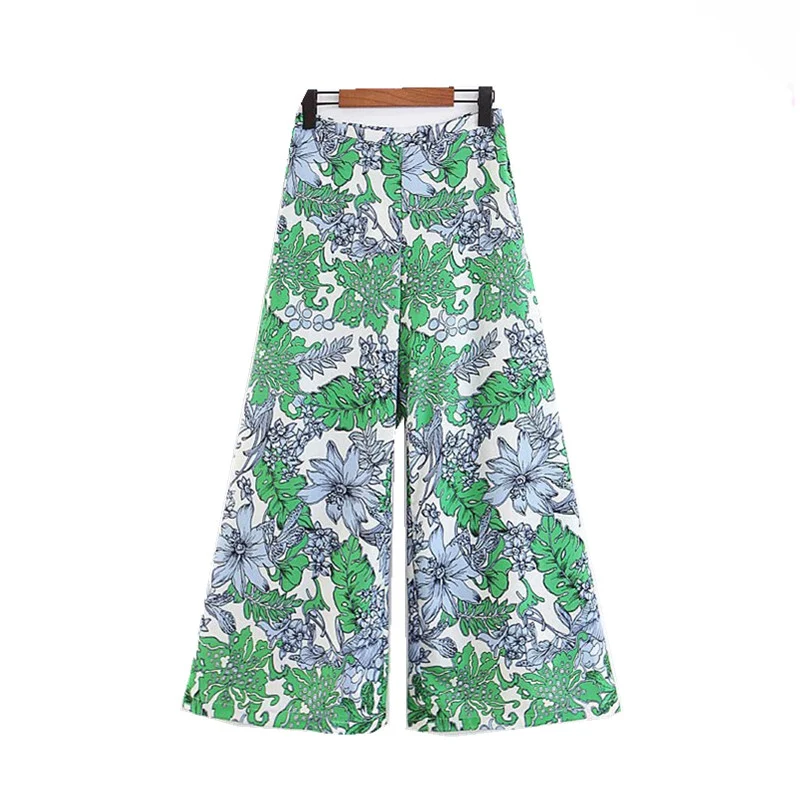 

Women's pants 2019 new summer fashion printing side zipper high waist wide leg pants casual nine pants temperament wild