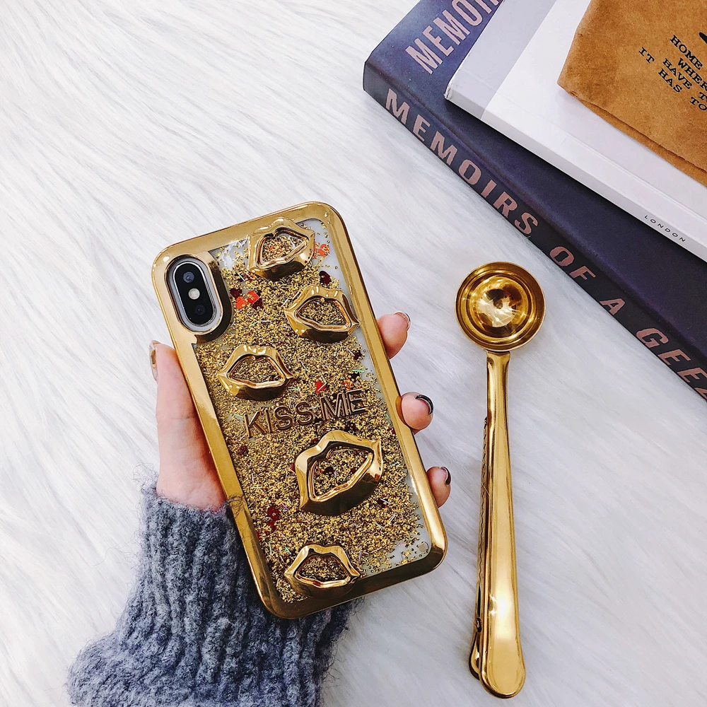 Electroplate lips Dynamic Liquid Quicksand Phone Case For Samsung S10 Plus lite S8 S9 S7 Edge A7 2018 for iPhone XS MAX XR |