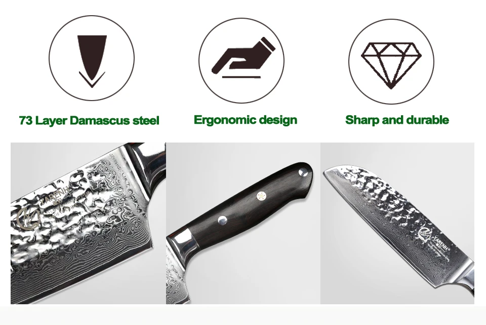 YARENH 7 дюймов нож Santoku лучший VG10 кухонный нож из дамасской стали с черной ручкой нож для овощей лучшие кухонные ножи