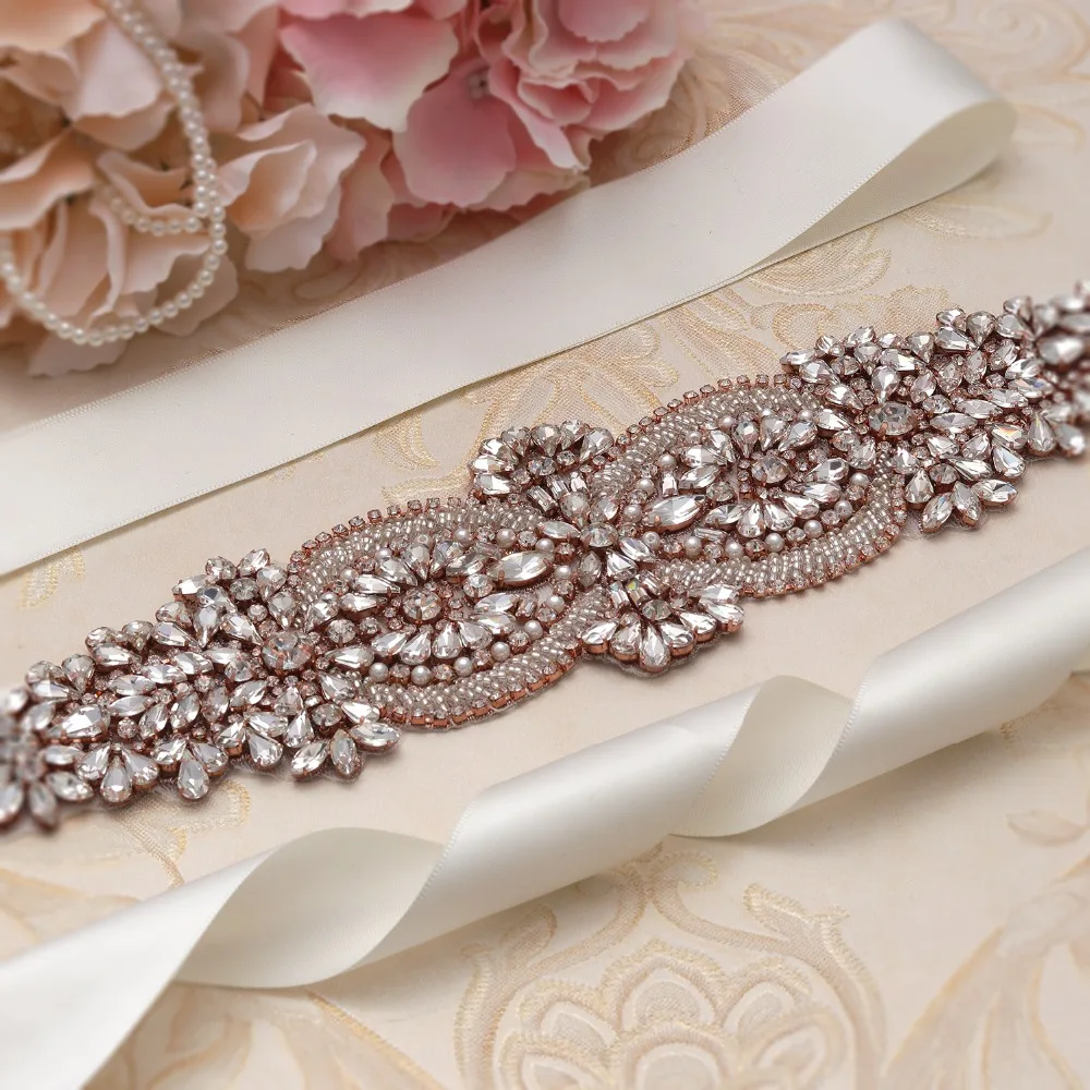 yanstar Rose Gold Rhinestones Bridal Belt Diamond Beads Wedding Big Size Crystal Sash For Long Dresses XY877 | Свадьбы и торжества