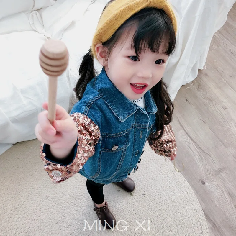 Children's clothes 2018 Autumn New Girls Jacket Denim Sequins Sleeve Short coat | Детская одежда и обувь