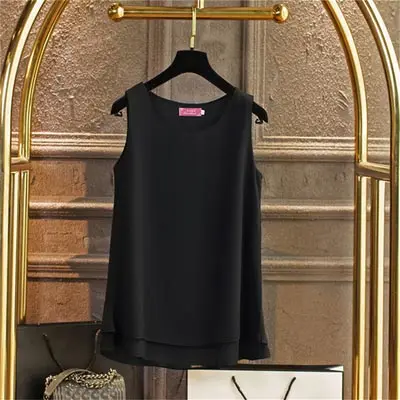 Black New Solid color Women Long Chiffon shirt summer Casual Top plus size S-6XL Loose sleeveless Blouse Double chiffon Blouses - Цвет: Black