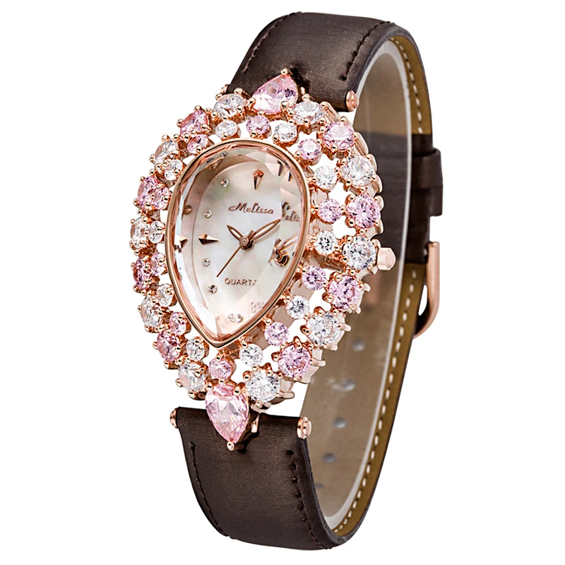 Luxury Mother-of-pearl Melissa Lady Women s Watch Rhinestone Crystal Fashion Hours Leather Bracelet Clock CZ Girl s Gift Box
