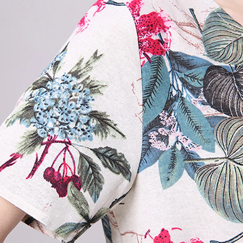 Летнее платье с коротким рукавом хлопковое и льняное цветочным рисунком