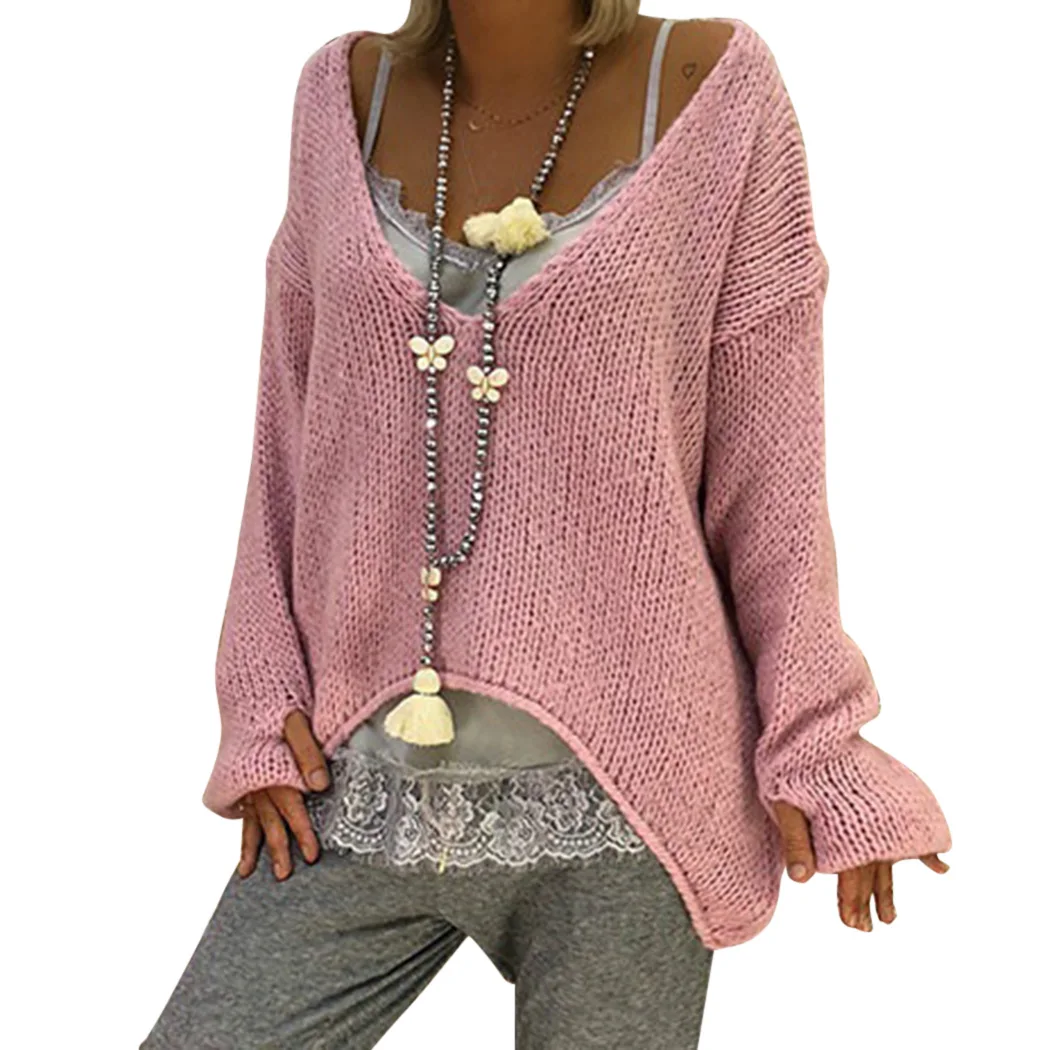 2018 Casual Women Loose Knitted Sweaters Autumn Winter V Neck Irregular Crochet Jumper Half Glove Female Oversized Pullover Tops | Женская