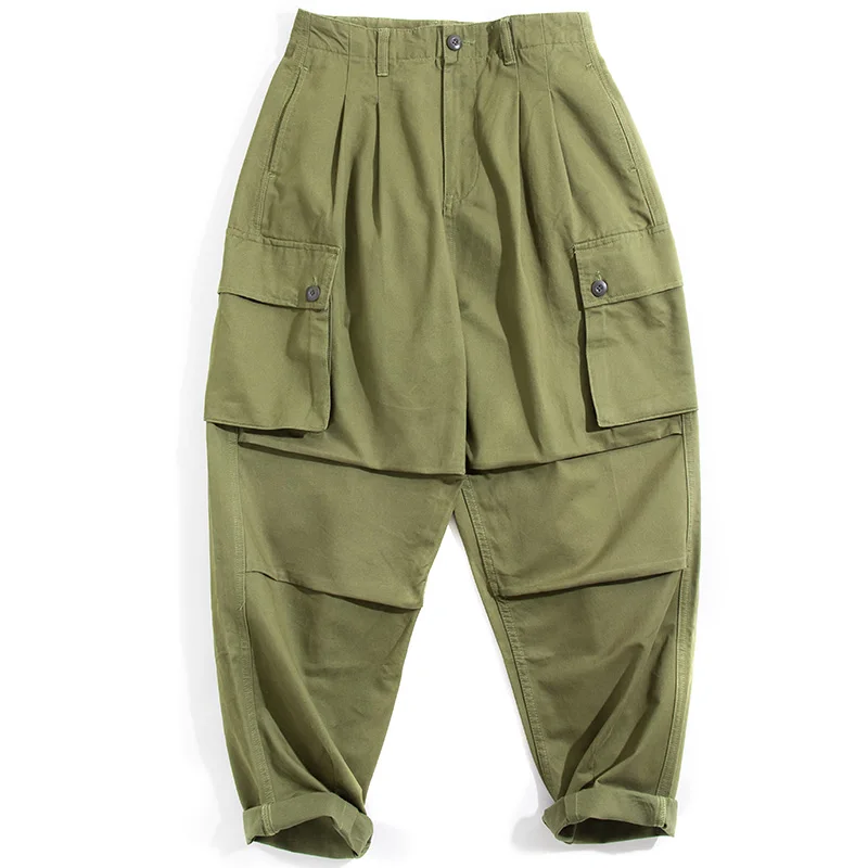 MADEN men's loose overalls multi pocket green casual pants cotton harem men|Джоггеры| |