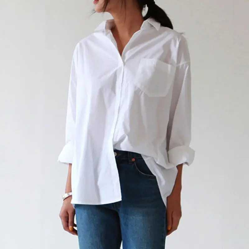 

Women Lapel Single-Breasted Sexy Loose Long Sleeve Solid Color Versatile Loose White Blouse