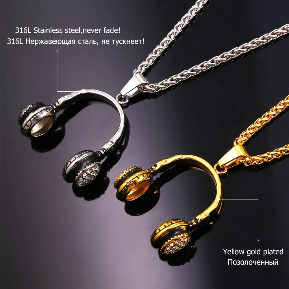 U7 Стразы Наушники Кулон Ожерелье Для Мужчин /Женщин Музыкальные Ювелирные