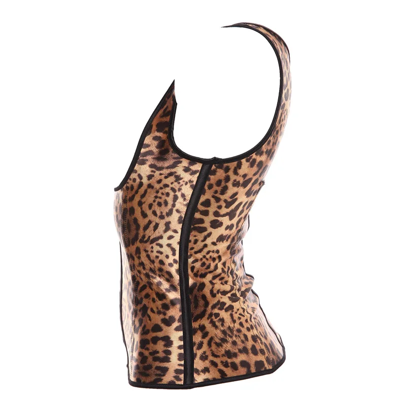 Леопардовый латексный бюстье плечевой ремень стальной корсет с косточками под